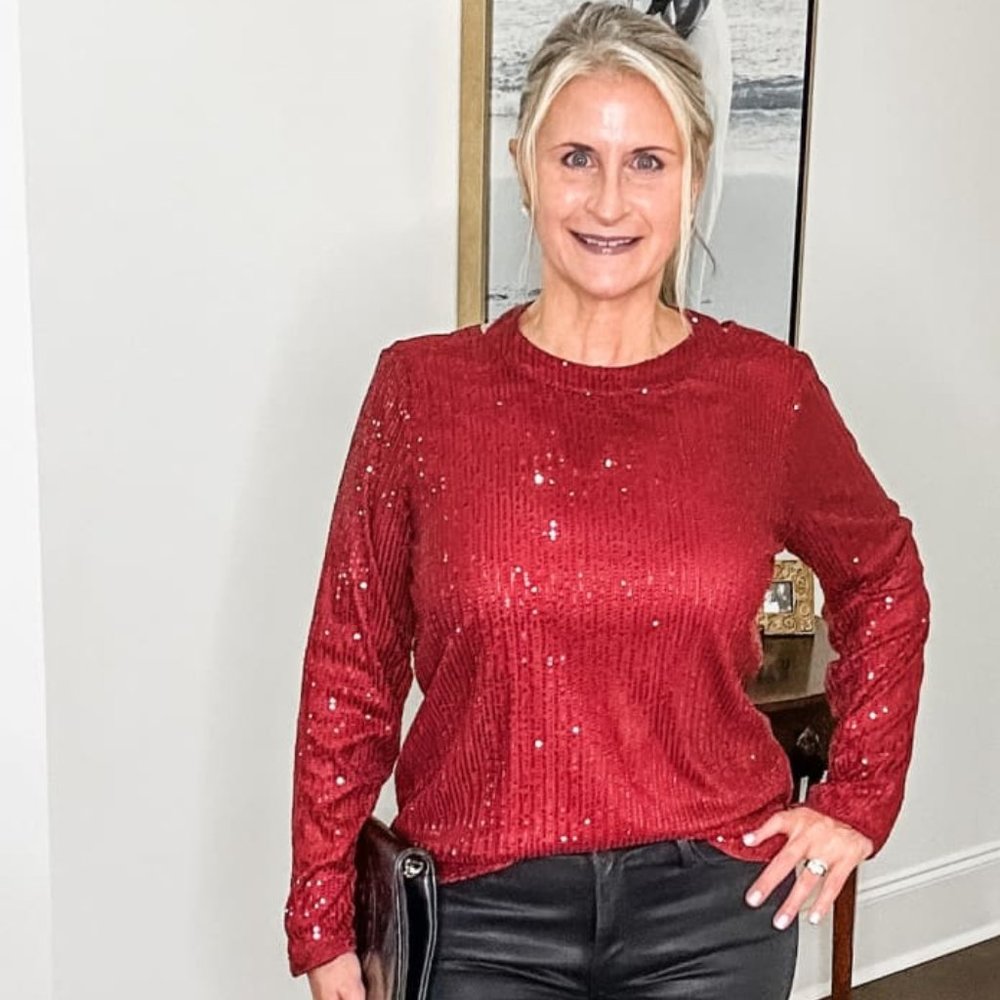 Backless Sequin Wine Red Long Sleeve Holiday Cocktail Party Top - Picture 2 of 3